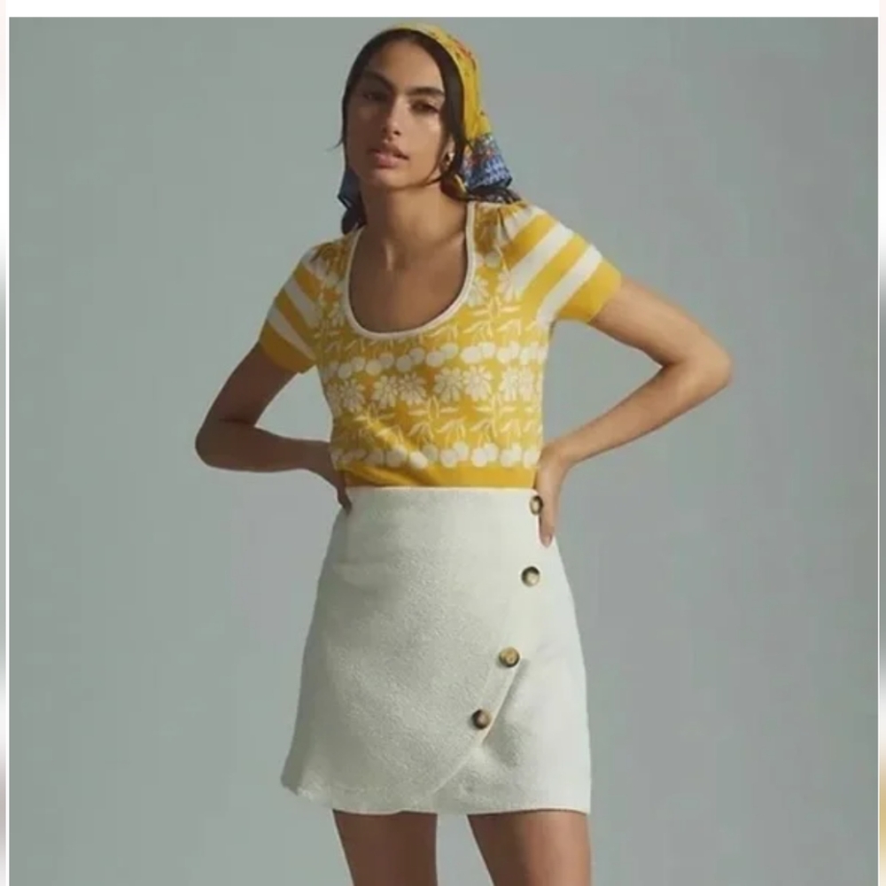 Anthropologie Maeve Yellow and White Short Sleeve Crop Sweater